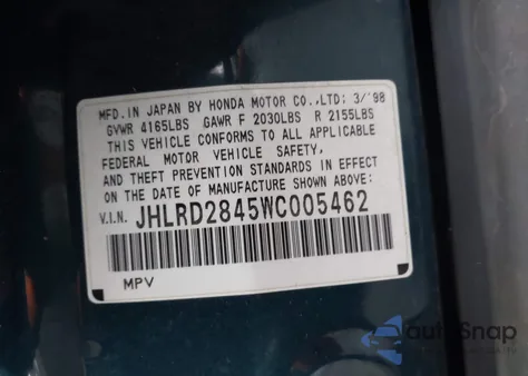 1998 Honda Cr-V Lx z USA, uszkodzony, nr VIN JHLRD2845WC005462